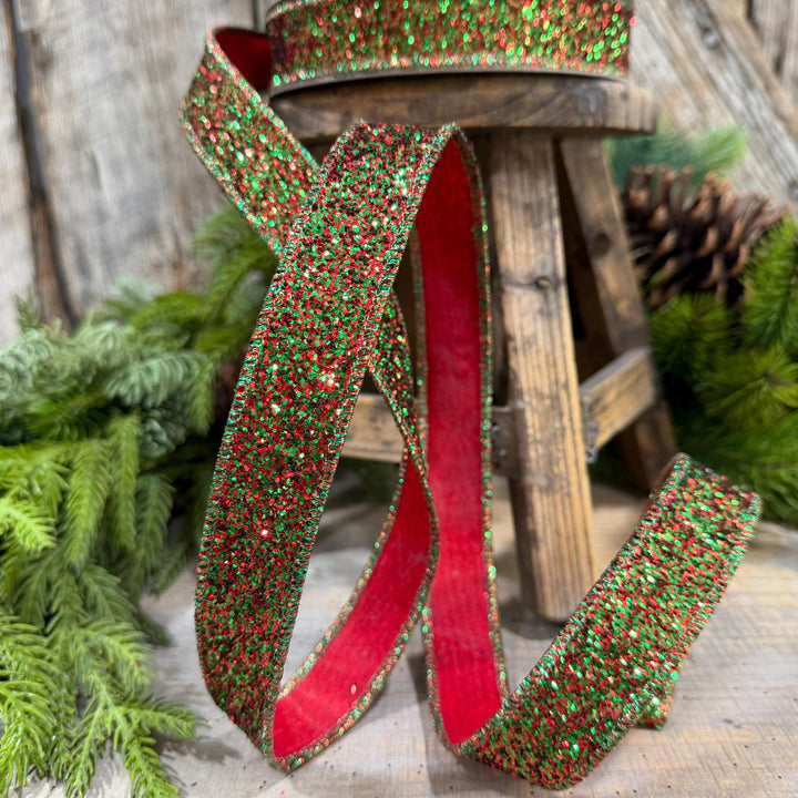 1" Red Green Glitter Magic Ribbon, Farrisilk Ribbon, RS376-48