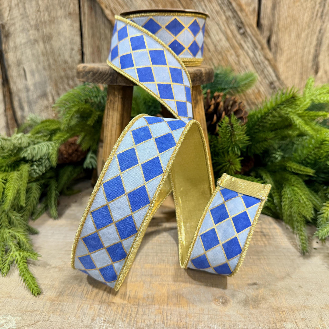 1.5" French Blue Harlequin Ribbon, Wired Ribbon, Designer Ribbon, 2 Tone Blue Ribbon, Diamond Ribbon, 94562W-350-09D