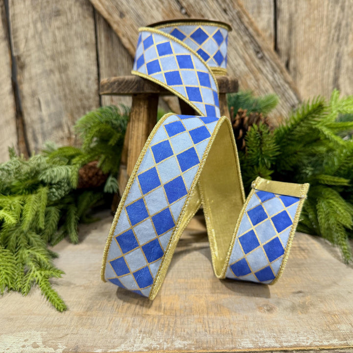 1.5" French Blue Harlequin Ribbon, Wired Ribbon, Designer Ribbon, 2 Tone Blue Ribbon, Diamond Ribbon, 94562W-350-09D