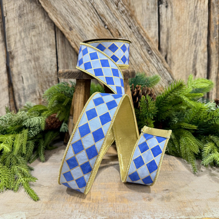 1.5" French Blue Harlequin Ribbon, Wired Ribbon, Designer Ribbon, 2 Tone Blue Ribbon, Diamond Ribbon, 94562W-350-09D