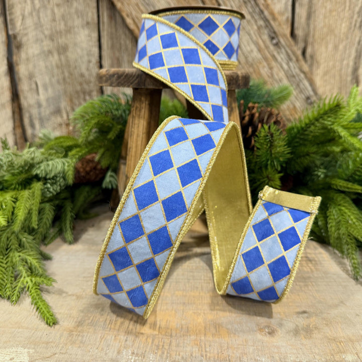 1.5" French Blue Harlequin Ribbon, Wired Ribbon, Designer Ribbon, 2 Tone Blue Ribbon, Diamond Ribbon, 94562W-350-09D