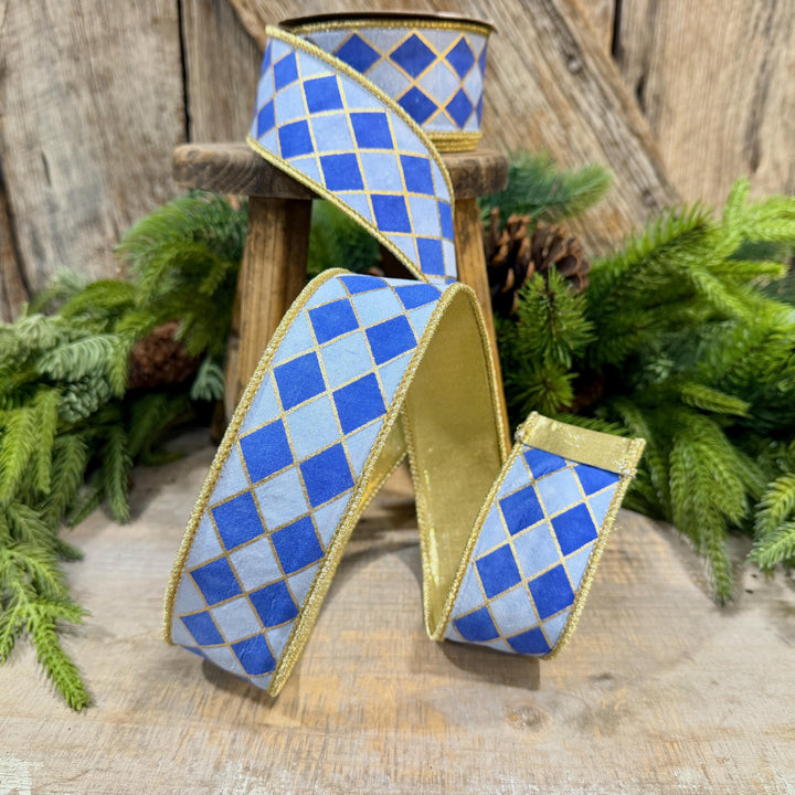 1.5" French Blue Harlequin Ribbon, Wired Ribbon, Designer Ribbon, 2 Tone Blue Ribbon, Diamond Ribbon, 94562W-350-09D