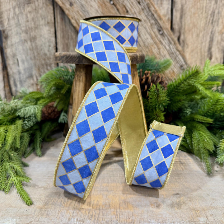 1.5" French Blue Harlequin Ribbon, Wired Ribbon, Designer Ribbon, 2 Tone Blue Ribbon, Diamond Ribbon, 94562W-350-09D