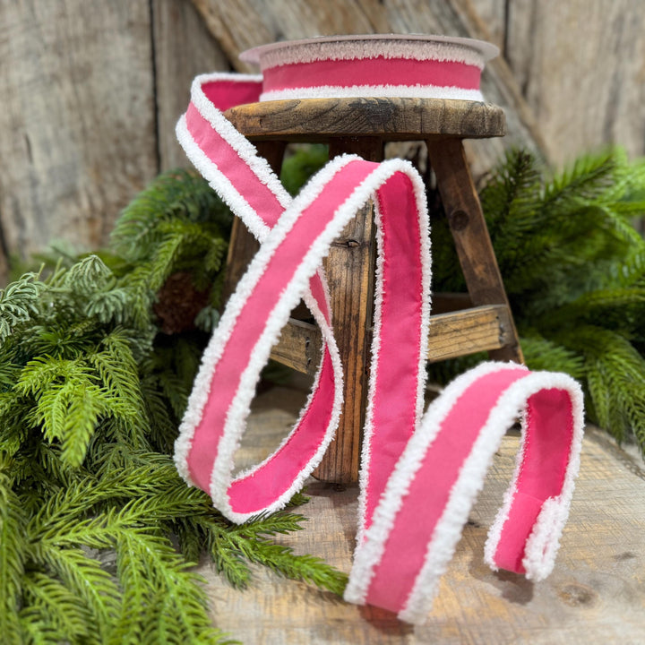 1" Bubblegum Pink Santa Trim Ribbon, Fuzzy Border Ribbon, Santa trim ribbon