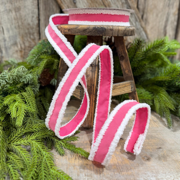 1" Bubblegum Pink Santa Trim Ribbon, Fuzzy Border Ribbon, Santa trim ribbon