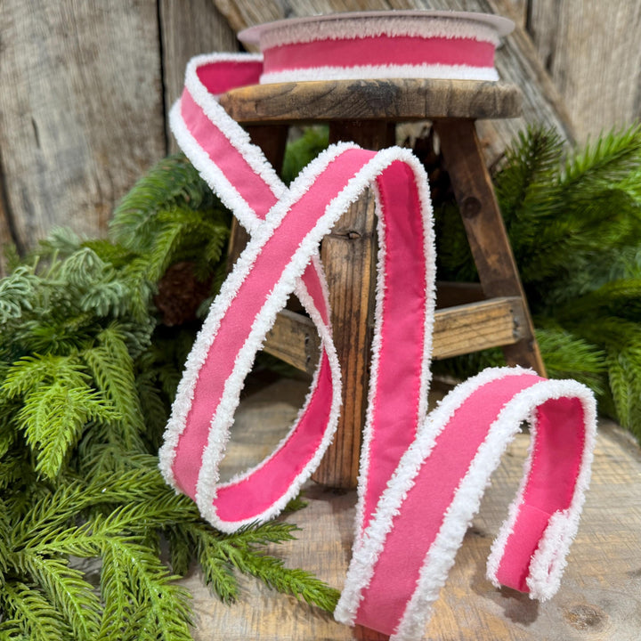 1" Bubblegum Pink Santa Trim Ribbon, Fuzzy Border Ribbon, Santa trim ribbon