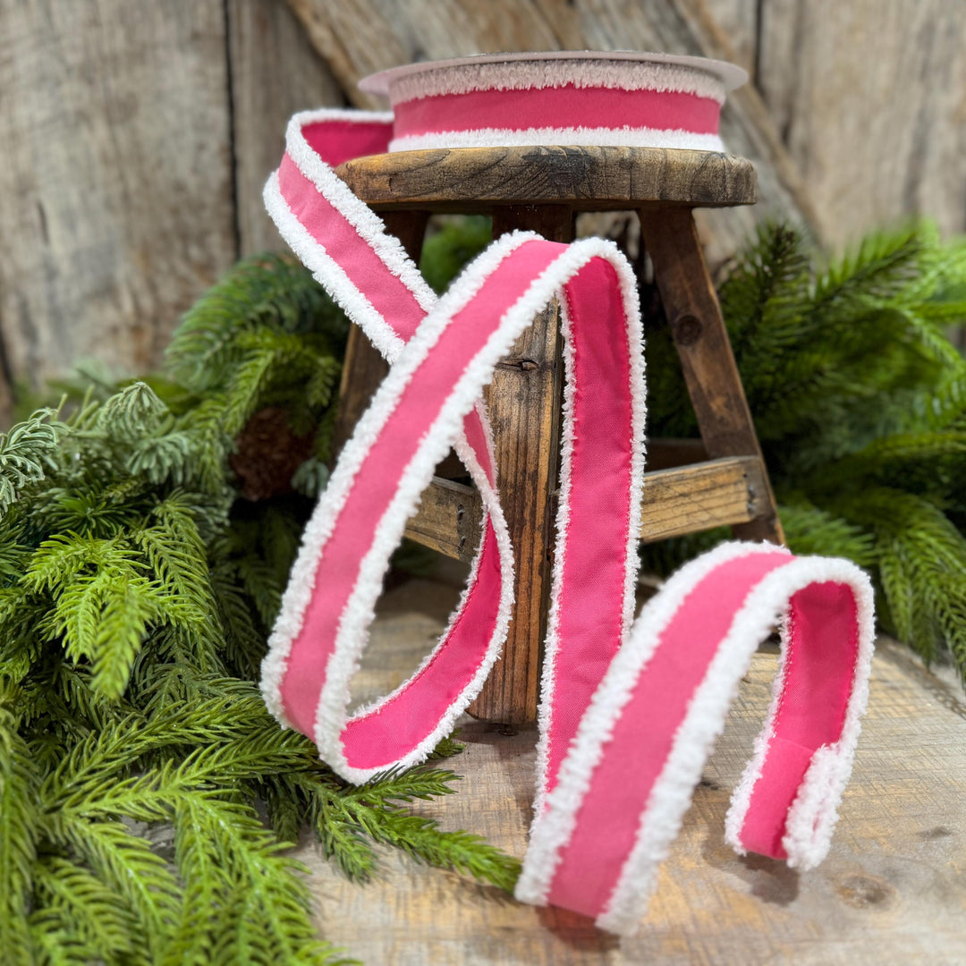 1" Bubblegum Pink Santa Trim Ribbon, Fuzzy Border Ribbon, Santa trim ribbon