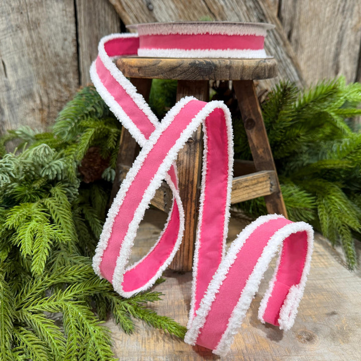 1" Bubblegum Pink Santa Trim Ribbon, Fuzzy Border Ribbon, Santa trim ribbon