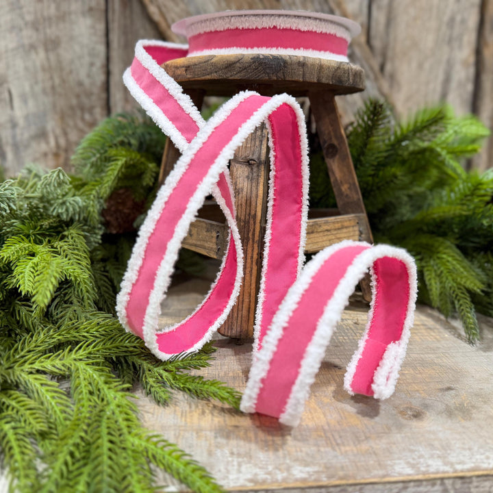 1" Bubblegum Pink Santa Trim Ribbon, Fuzzy Border Ribbon, Santa trim ribbon