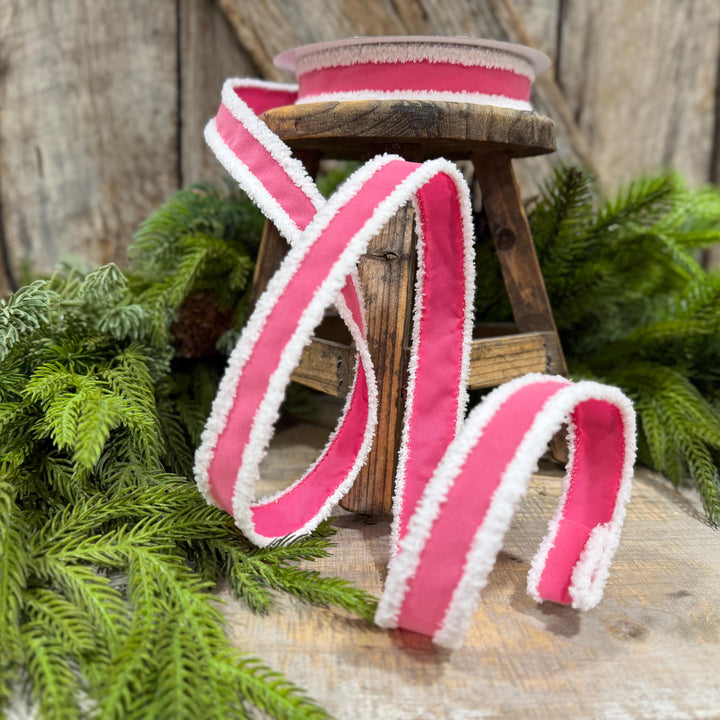 1" Bubblegum Pink Santa Trim Ribbon, Fuzzy Border Ribbon, Santa trim ribbon