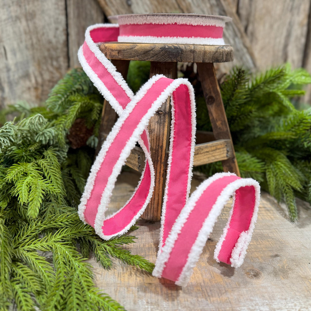 1" Bubblegum Pink Santa Trim Ribbon, Fuzzy Border Ribbon, Santa trim ribbon