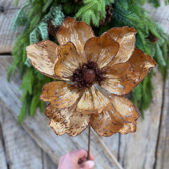 21" Brown Gold Magnolia Stem, Christmas Tree Decor, Rustic Holiday Wreath Supply