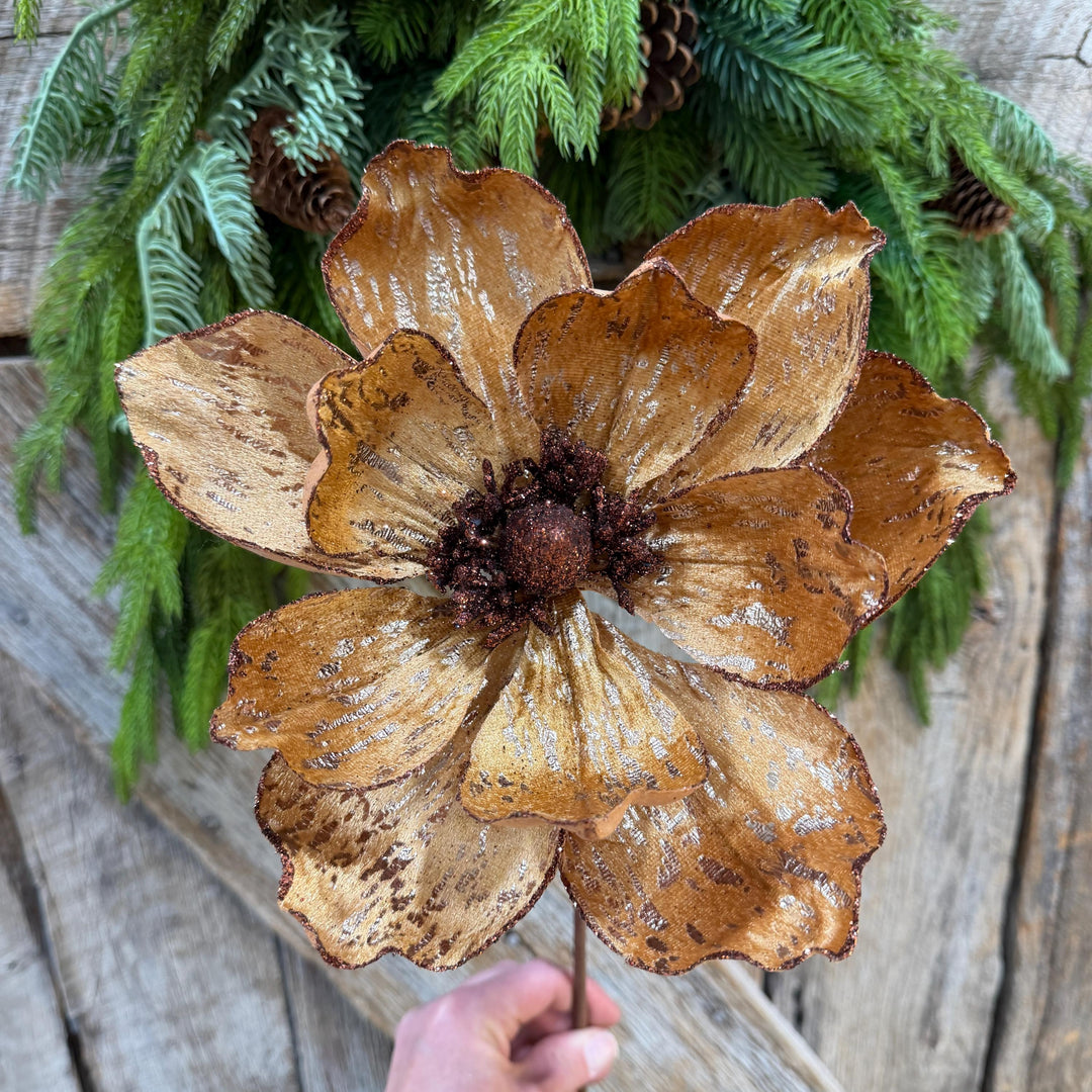 21" Brown Gold Magnolia Stem, Christmas Tree Decor, Rustic Holiday Wreath Supply