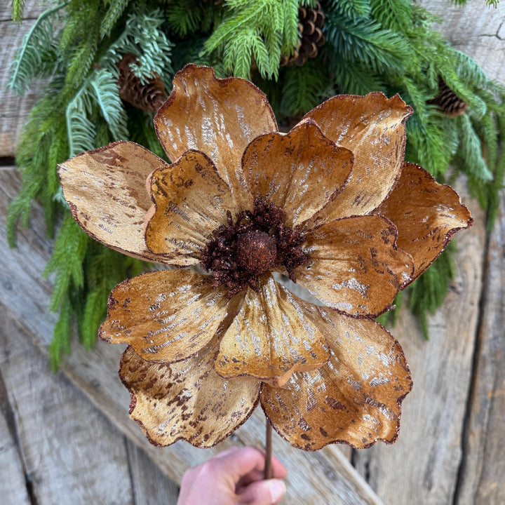 21" Brown Gold Magnolia Stem, Christmas Tree Decor, Rustic Holiday Wreath Supply