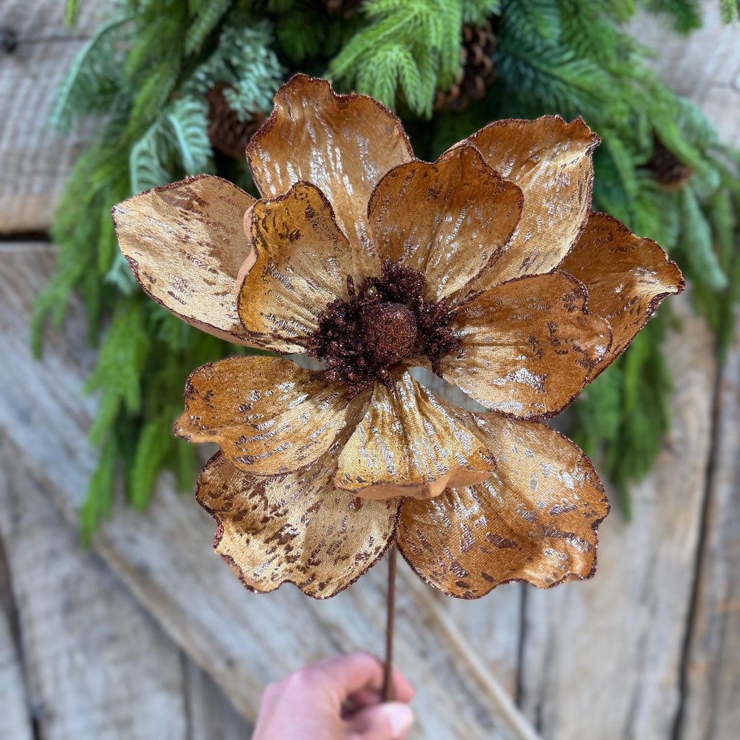 21" Brown Gold Magnolia Stem, Christmas Tree Decor, Rustic Holiday Wreath Supply