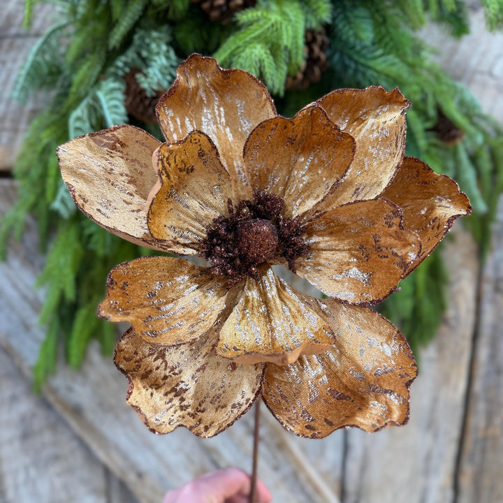 21" Brown Gold Magnolia Stem, Christmas Tree Decor, Rustic Holiday Wreath Supply