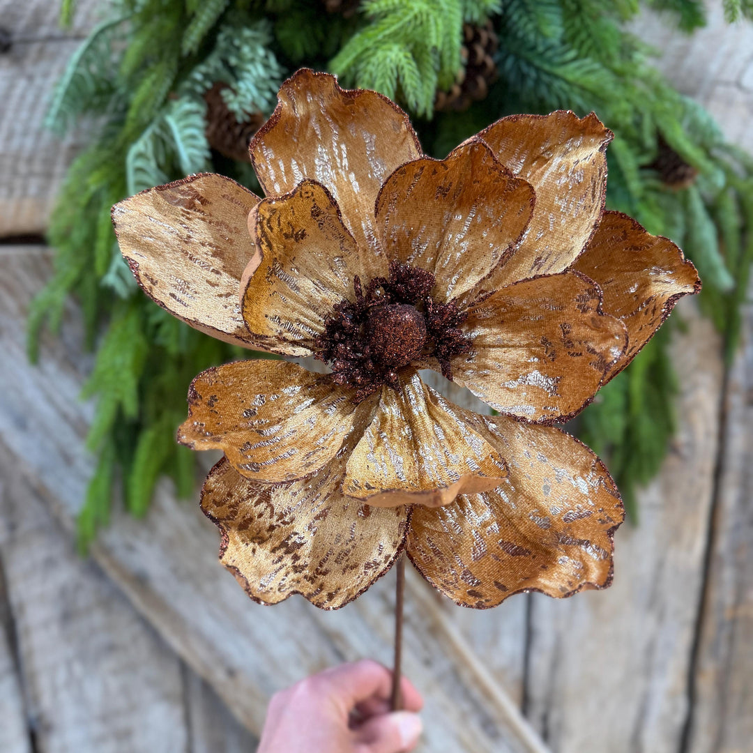 21" Brown Gold Magnolia Stem, Christmas Tree Decor, Rustic Holiday Wreath Supply