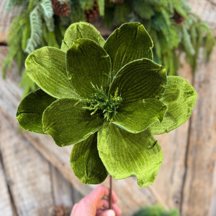 24" Forest Green Velvet Magnolia, Olive Green Magnolia for Christmas