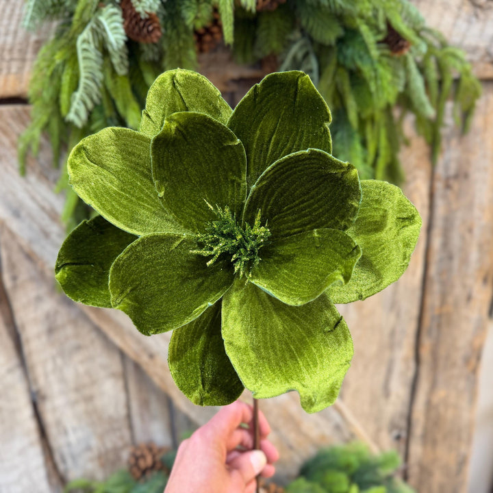 24" Forest Green Velvet Magnolia, Olive Green Magnolia for Christmas