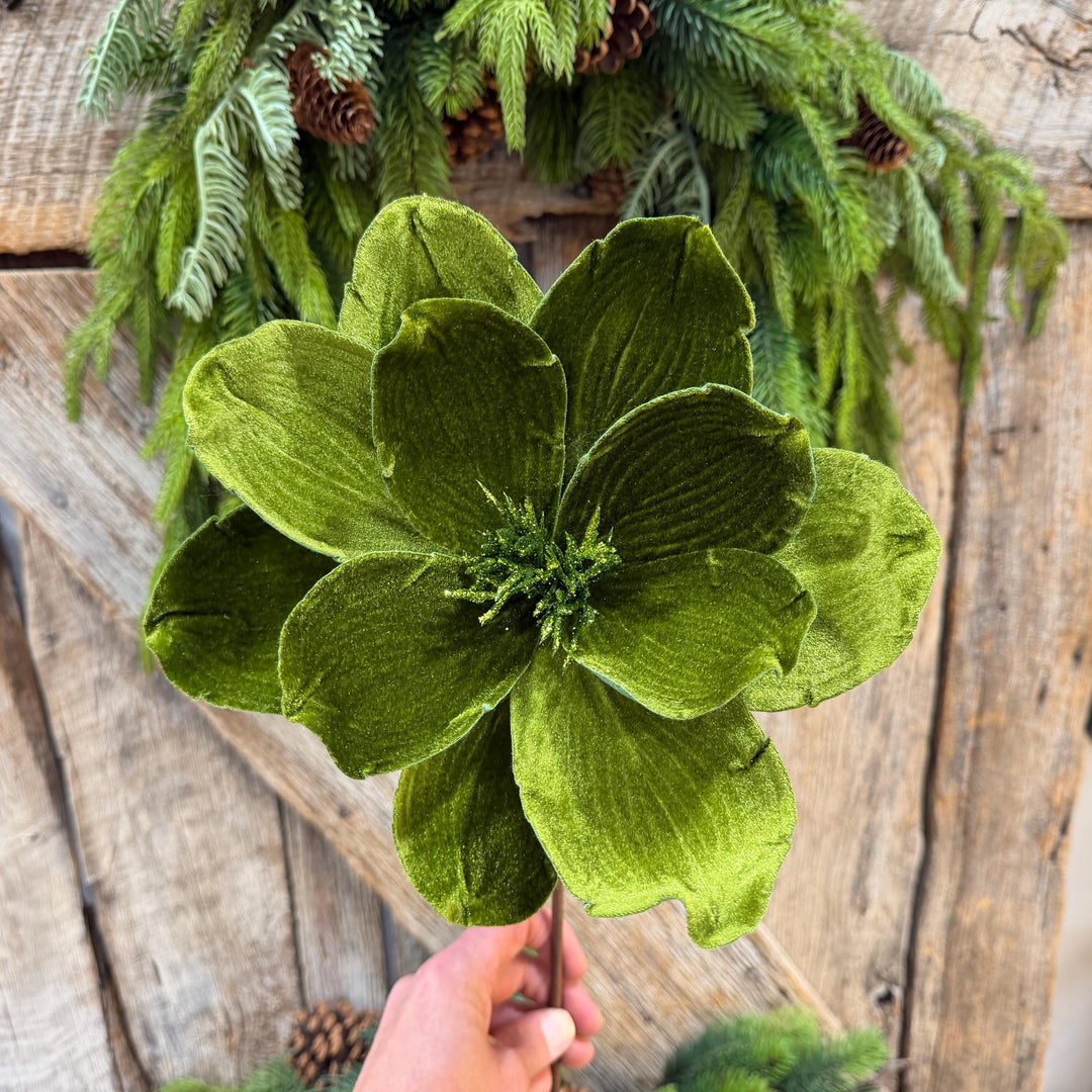 24" Forest Green Velvet Magnolia, Olive Green Magnolia for Christmas