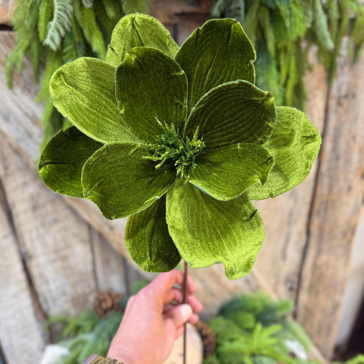 24" Forest Green Velvet Magnolia, Olive Green Magnolia for Christmas
