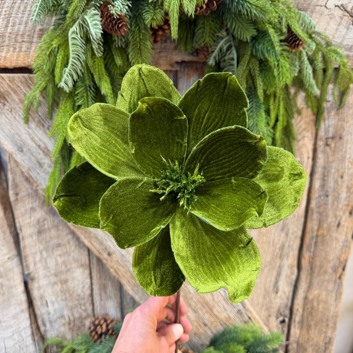 24" Forest Green Velvet Magnolia, Olive Green Magnolia for Christmas