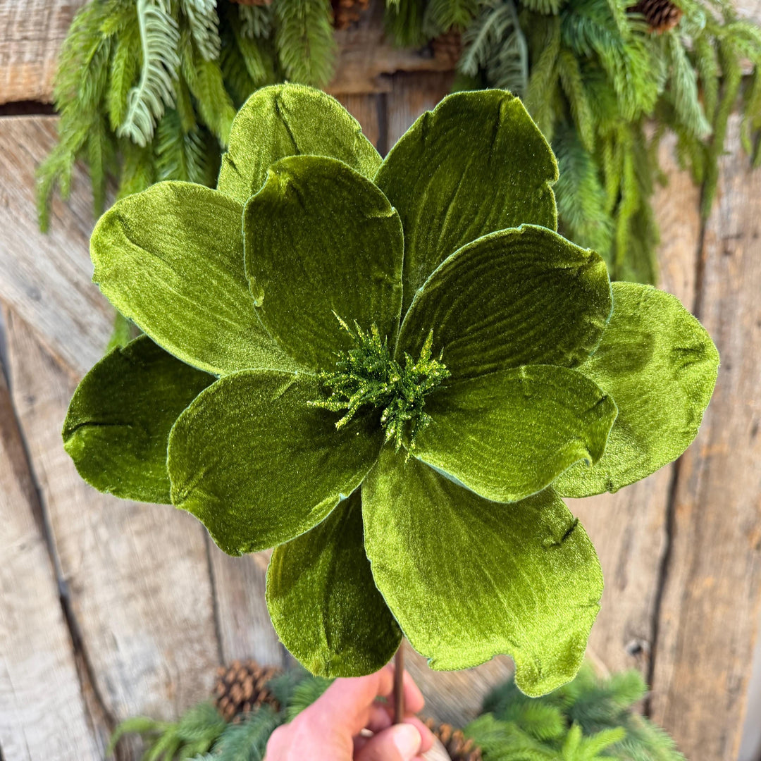 24" Forest Green Velvet Magnolia, Olive Green Magnolia for Christmas