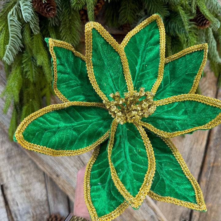 21" Green Velvet Poinsettia with Gold Trim - Christmas Tree Floral Decor