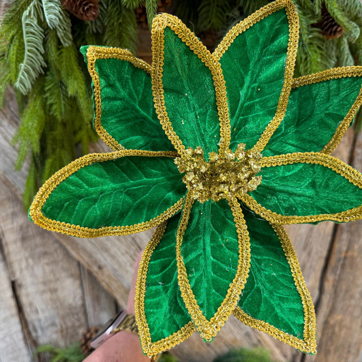 21" Green Velvet Poinsettia with Gold Trim - Christmas Tree Floral Decor