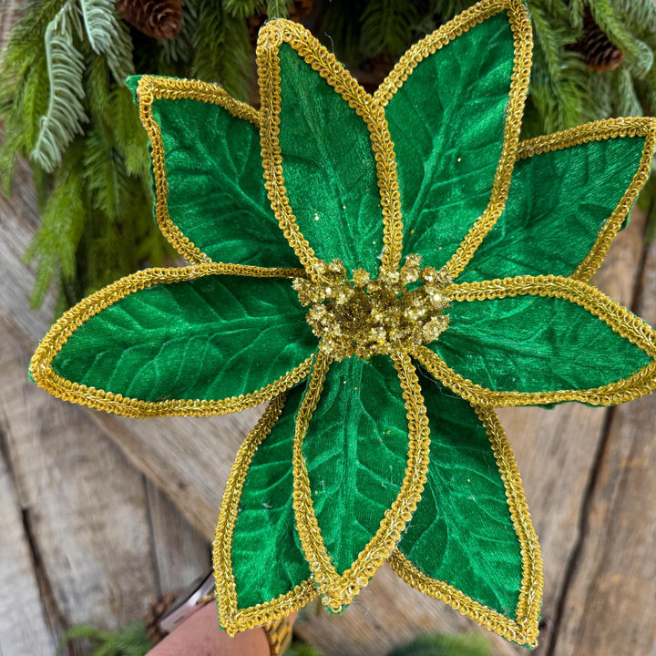 21" Green Velvet Poinsettia with Gold Trim - Christmas Tree Floral Decor