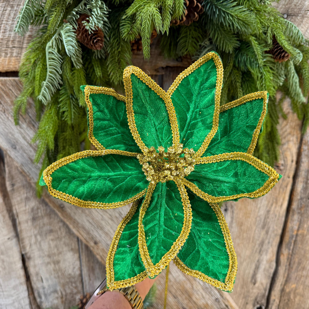 21" Green Velvet Poinsettia with Gold Trim - Christmas Tree Floral Decor
