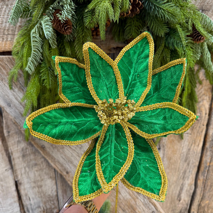 21" Green Velvet Poinsettia with Gold Trim - Christmas Tree Floral Decor