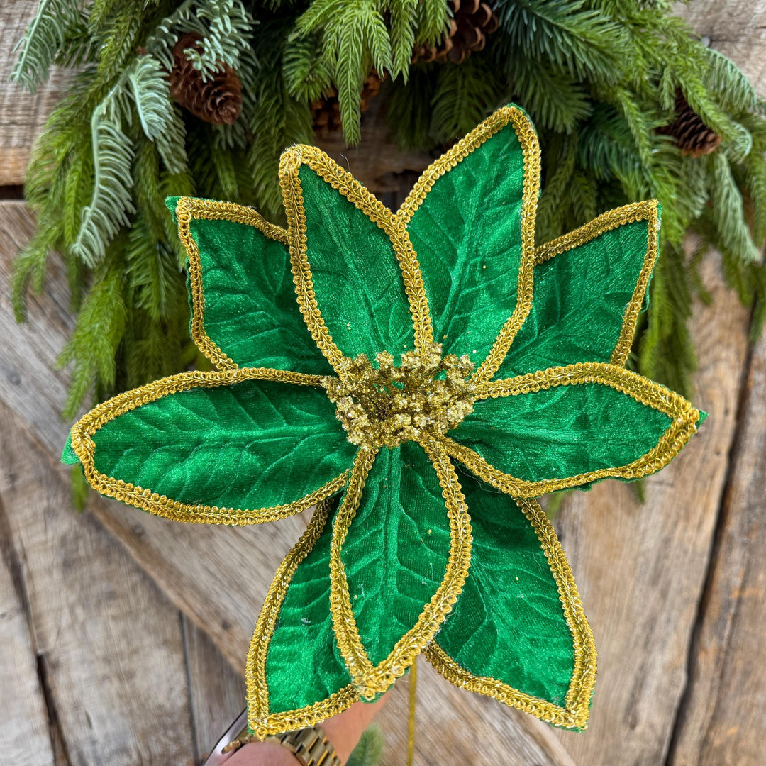 21" Green Velvet Poinsettia with Gold Trim - Christmas Tree Floral Decor