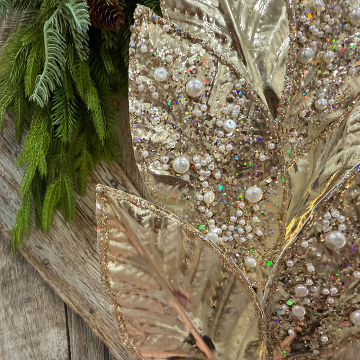 29" Champagne Leaf Spray, Pearl Glitter Christmas Pick, Holiday Wreath Filler