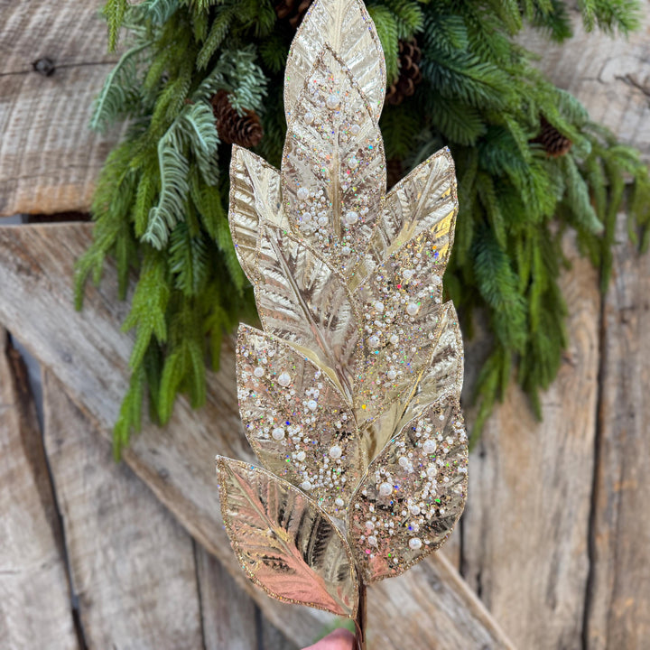 29" Champagne Leaf Spray, Pearl Glitter Christmas Pick, Holiday Wreath Filler