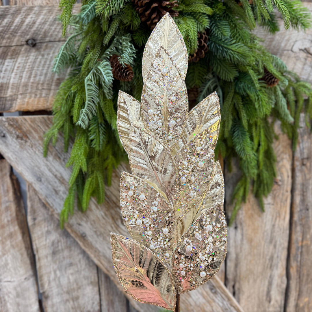 29" Champagne Leaf Spray, Pearl Glitter Christmas Pick, Holiday Wreath Filler