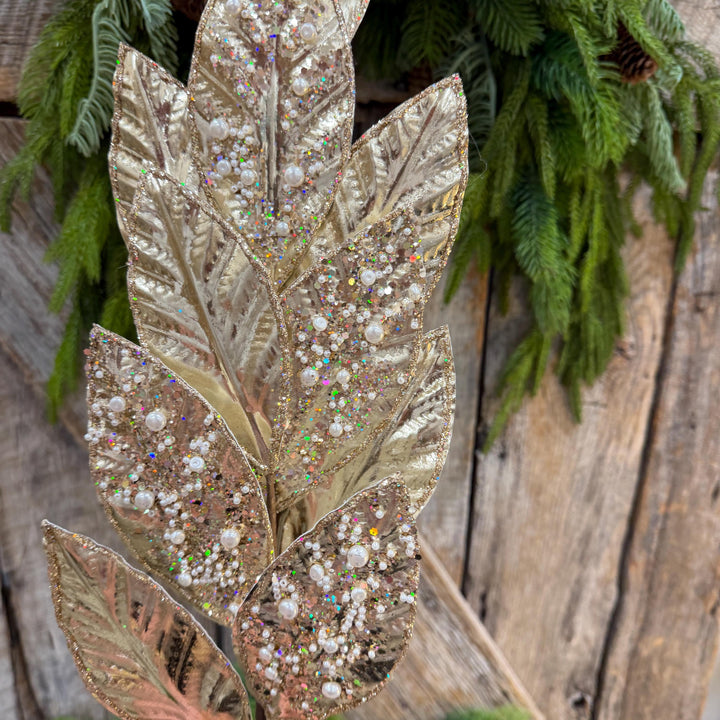 29" Champagne Leaf Spray, Pearl Glitter Christmas Pick, Holiday Wreath Filler