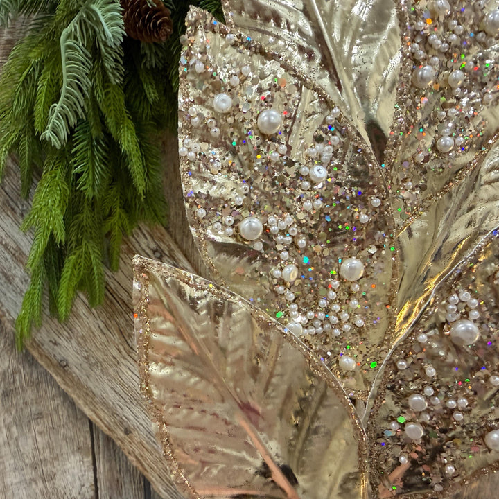 29" Champagne Leaf Spray, Pearl Glitter Christmas Pick, Holiday Wreath Filler