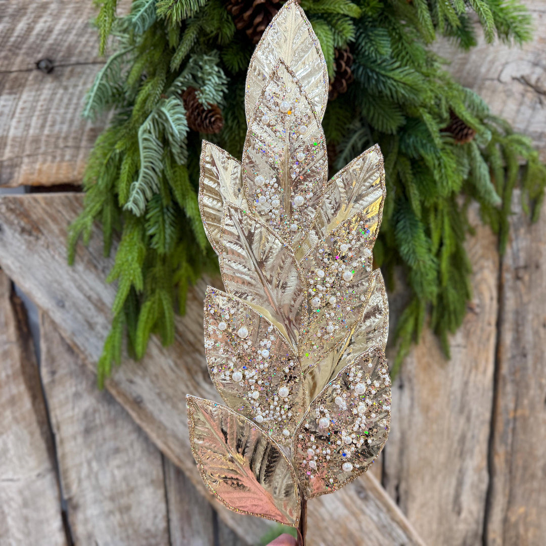 29" Champagne Leaf Spray, Pearl Glitter Christmas Pick, Holiday Wreath Filler