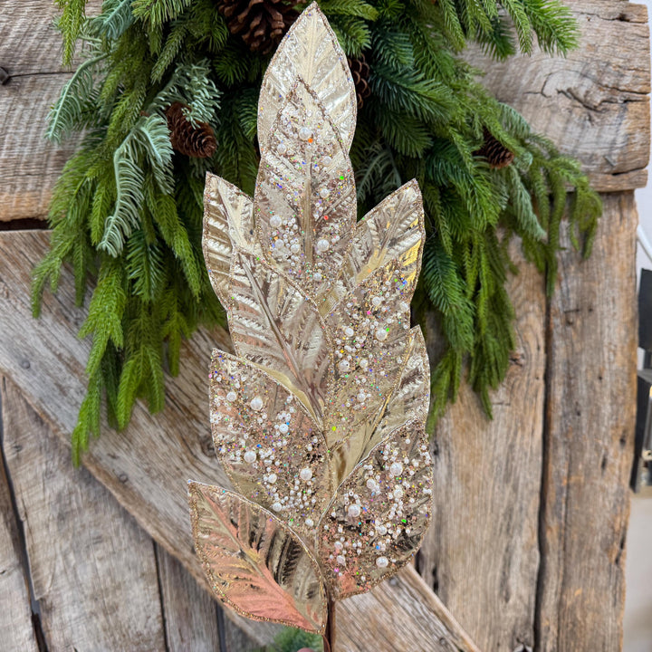 29" Champagne Leaf Spray, Pearl Glitter Christmas Pick, Holiday Wreath Filler