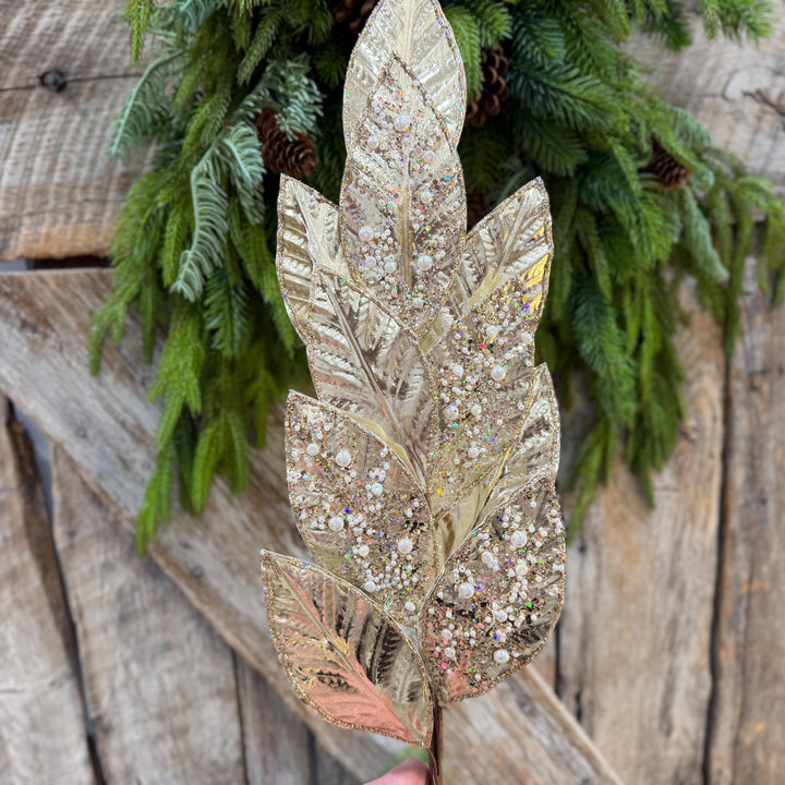 29" Champagne Leaf Spray, Pearl Glitter Christmas Pick, Holiday Wreath Filler