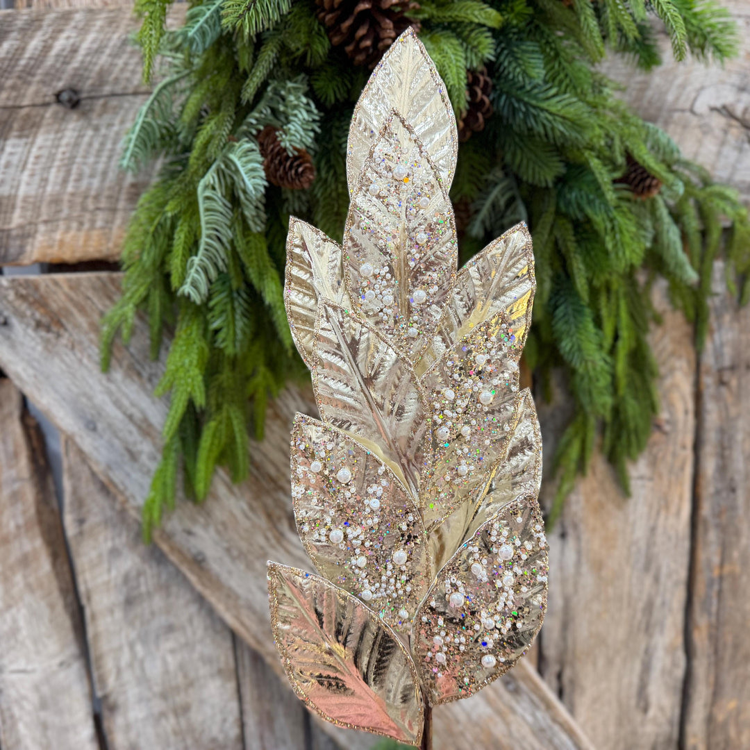29" Champagne Leaf Spray, Pearl Glitter Christmas Pick, Holiday Wreath Filler