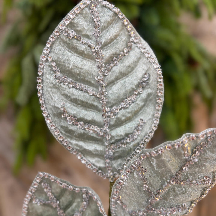 24" Light Aqua Blue Velvet Magnolia Leaf Spray, Celadon Christmas Spray