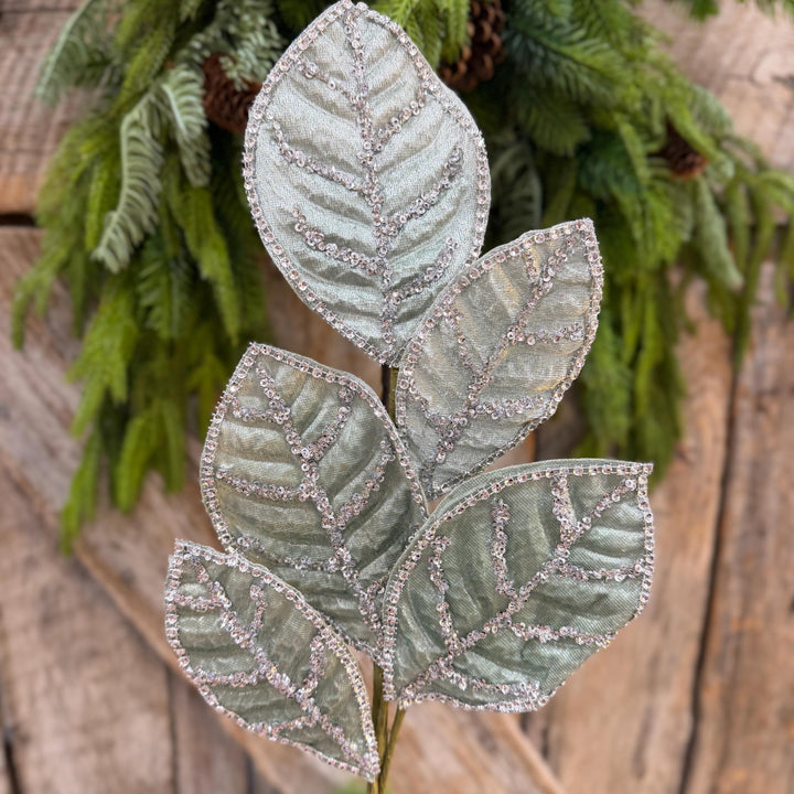 24" Light Aqua Blue Velvet Magnolia Leaf Spray, Celadon Christmas Spray