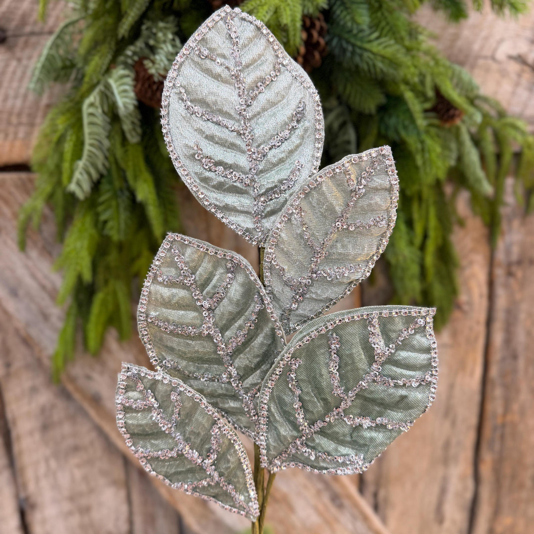 24" Light Aqua Blue Velvet Magnolia Leaf Spray, Celadon Christmas Spray