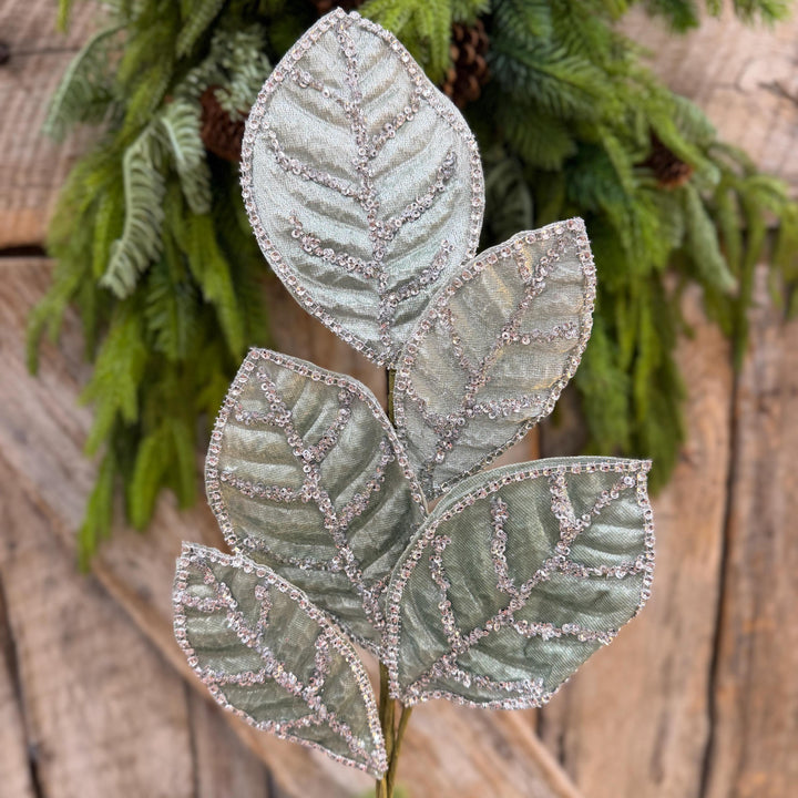 24" Light Aqua Blue Velvet Magnolia Leaf Spray, Celadon Christmas Spray