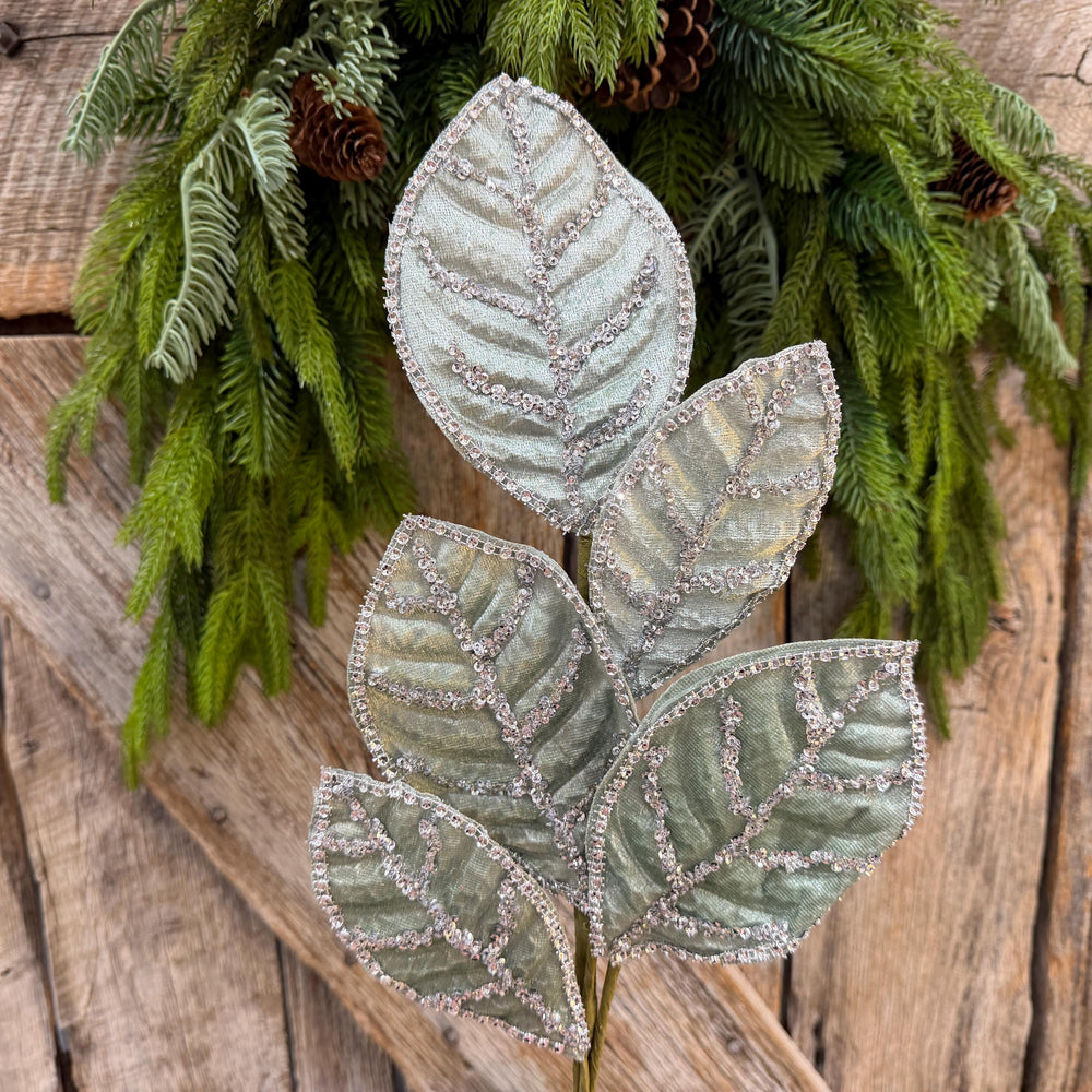 24" Light Aqua Blue Velvet Magnolia Leaf Spray, Celadon Christmas Spray