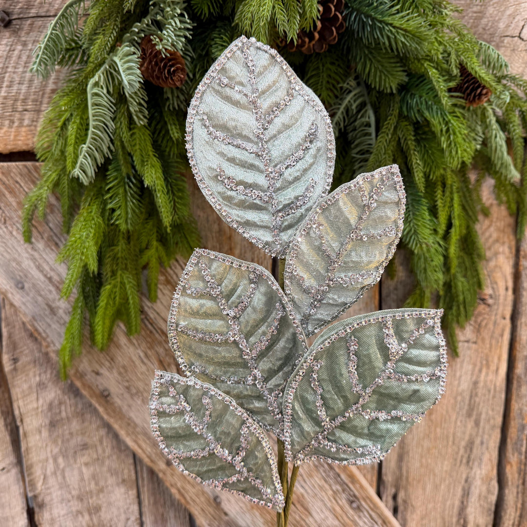 24" Light Aqua Blue Velvet Magnolia Leaf Spray, Celadon Christmas Spray
