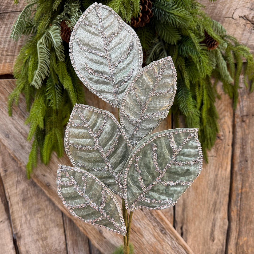 24" Light Aqua Blue Velvet Magnolia Leaf Spray, Celadon Christmas Spray