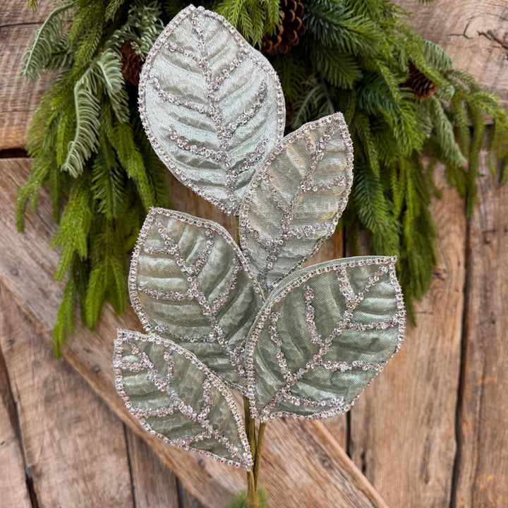 24" Light Aqua Blue Velvet Magnolia Leaf Spray, Celadon Christmas Spray